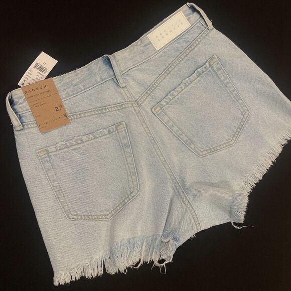 ~ NEW PacSun 27 Denim Festival Shorts Boho Acid Wash Rip Button High Waist Blue - Picture 11 of 14